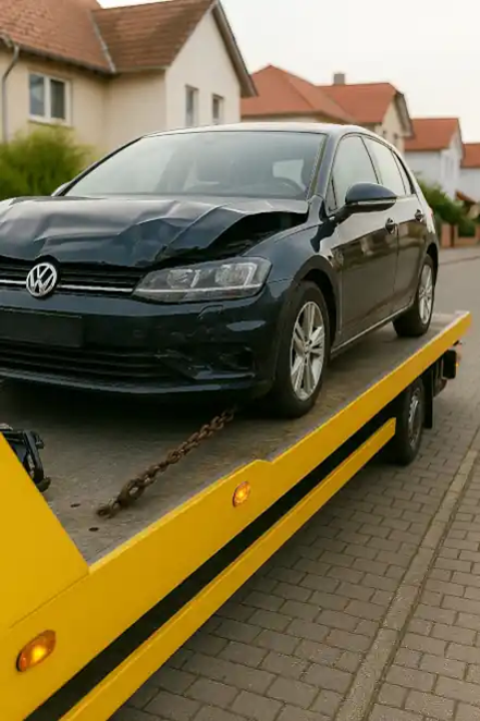 Ein defektes Auto wird von einem Abschleppwagen abtransportiert, um den reibungslosen Autoankauf in Hamminkeln zu ermöglichen.