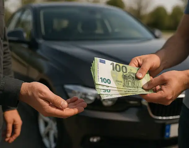 Eine Person überreicht Bargeld für den Autoankauf in Hamminkeln, während sie mit einem Autohändler einen Vertrag abschließt.